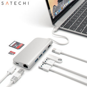 Mit dem USB-C (USB Type-C) Port auf Ihrem MacBook oder Laptop können Sie 3 Full-Size USB Ports, einen USB-C Port, eine Ethernet Sockel, SD und Micro SD Kartenleser und einen 4K HMDI Port an Ihren Computer anschließen Mit diesem vielseitigen, nützlichen Adapter in Silber von Satechi.