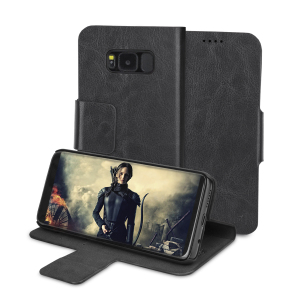 Protect your Samsung Galaxy S8 with this durable and stylish black leather-style wallet case by Olixar. What's more, this case transforms into a handy stand to view media.