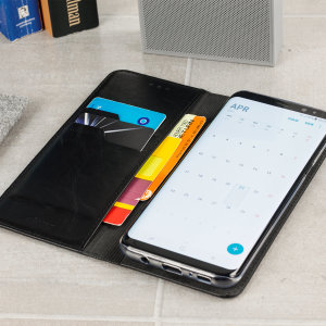 A premium slimline black genuine leather case. The Olixar genuine leather executive wallet case offers perfect protection for your Samsung Galaxy S8 Plus, as well as featuring a smart magnetic media stand slots for your cards, cash and documents.