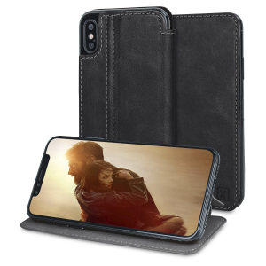 Lavish your iPhone X with a luxurious flip wallet case. Featuring a black genuine leather exterior with beautiful stitching details, this Olixar wallet case will also store your credit and debit cards...