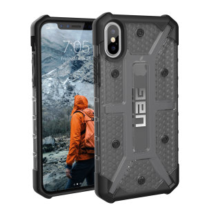 The Urban Armour Gear Plasma semi-transparent tough case in ash grey and black for the iPhone X features a protective case with a brushed metal UAG logo insert for an amazing rugged and stylish design.
