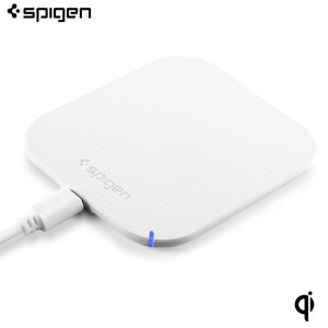 Enjoy the cable-free convenience of wireless charging on the move for your compatible smartphone with this compact, lightweight white Qi wireless pad from Spigen.