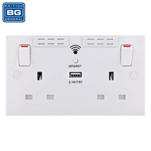 This ingenious BG wall socket boasts 2 AC mains sockets for laptops, hairdryers and other electronics, as well as a single 2.1A output USB port for charging mobile devices like tablets and phones. Also comes complete with built-in WiFi range extender.