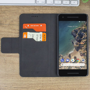 Protect your Google Pixel 2 with this durable and stylish black leather-style wallet case from Olixar, featuring two card slots. What's more, this case transforms into a handy stand to view media.
