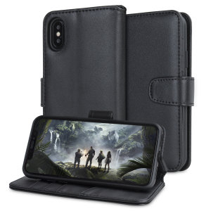 This stylish, black genuine leather case for iPhone X enhances the aesthetic of your already-gorgeous device. A wallet-type structure houses 4 card slots for debit or credit cards, cash, ID and more, while a soft inner frame holds your phone tight.