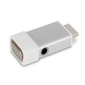 This Moshi adapter will allow you to connect a HDMI-equipped device (i.e. Macbook) to a VGA output (i.e. TV). Converts digital signal to analog, and provides you with a dedicated sound output port. Supports 1080p video and 2-channel audio outputs.