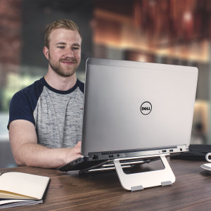 The ErgoRiser Portable Riser Laptop Stand will improve both your posture and your productivity. With perfect viewing elevation, anti-slip pads and a modern design which aids heat dissipation and cable management, it's the ideal companion for your laptop.