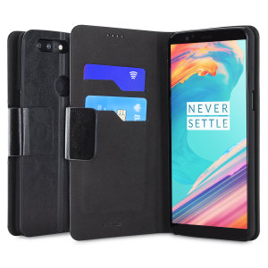 Protect your OnePlus 5T with this durable and stylish black leather-style wallet case by Olixar. What's more, this case transforms into a handy stand to view media.