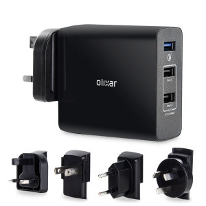 Mit Qualcomm Quick Charge 3.0 zum schnellen Aufladen Ihres Smartphones, Tablets oder Laptops. Mit 2 zusätzlichen Universal-USB-Anschlüssen zum schnellen Aufladen und Reiseadapter zum Aufladen zu Hause und weltweit.