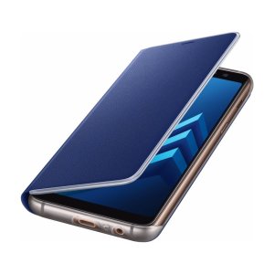 Schützen Sie Ihr Galaxy A8 2018 Rücken, Seiten und Bildschirm vor Schaden und dabei Ihre wichtigsten Karten schnell zur hand mit dem offiziellen schwarzen Neon Flip Brieftasche Cover von Samsung