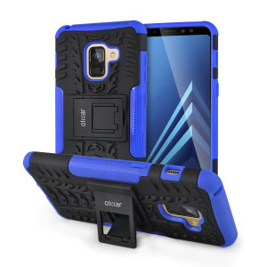 Protect your Samsung Galaxy A8 from bumps and scrapes with this black and blue ArmourDillo case from Olixar. Comprised of an inner TPU case and an outer impact-resistant exoskeleton, with a built-in viewing stand.