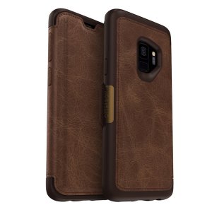 A sophisticated, lightweight and classy looking genuine leather OtterBox Strada folio case in brown offers perfect protection for your Samsung Galaxy S9, also featuring slots for your credit cards, cash and IDs.