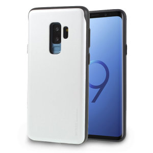 Designed for the Samsung Galaxy S9 Plus, this silver card case from Mercury provides a perfect fit and durable protection against scratches, knocks and drops with the added convenience of a credit card-sized sliding slot.