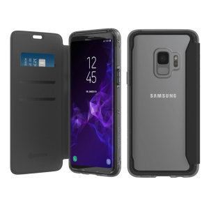 The Survivor Clear wallet case by Griffin houses your Galaxy S9 within a slim-fitting see-through back case and encloses it with a sophisticated black folio cover. It also features 3 slots for your debit and credit cards, cash, ID and more.