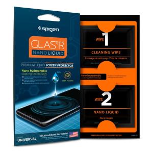 Spigen GLAS.tR screen protection kit uses a nano-hydrophobic coating technology to create an invisible layer that protects the coated surfaces of your phones and tablets from dirt, oil, dust, and superficial scratching. Enjoy crystal clarity at all times.
