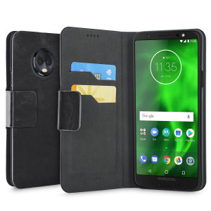 The Olixar leather-style Motorola Moto G6 Wallet Case in black attaches to the back of your phone to provide enclosed protection and can also be used to hold your credit cards. So leave your regular wallet at home when you need to travel light.