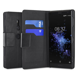 The Olixar leather-style Sony Xperia XZ2 Wallet Stand Case in black provides enclosed protection and can also be used to hold your credit cards. The case also transforms into a viewing stand for added convenience.