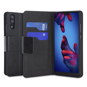 The Olixar leather-style Huawei P20 Wallet Stand Case in black provides enclosed protection and can also be used to hold your credit cards. The case also transforms into a viewing stand for added convenience.