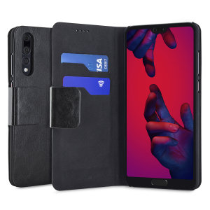 Protect your Huawei P20 Pro with this durable and stylish black leather-style wallet case by Olixar. What's more, this case transforms into a handy stand to view media.