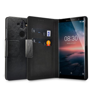 Protect your Nokia 8 Sirocco with this durable and stylish black leather-style wallet case by Olixar. What's more, this case transforms into a handy stand to view media.