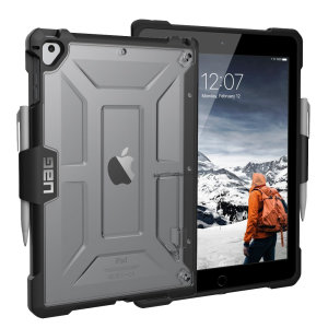 The Urban Armour Gear Plasma semi-transparent tough case in ice clear and black for the iPad 9.7 2018 features a protective case with a brushed metal UAG logo insert for an amazing rugged and stylish design. Including an Apple pencil holder and kickstand.