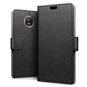 This black leather style wallet case offers perfect protection for your Motorola Moto G5S. Featuring a premium stitched finish and internal slots for your cards, cash and documents.