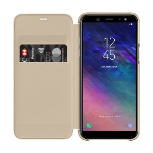 Protect your Samsung Galaxy A6 2018's back, sides and screen from harm while keeping your most vital cards close to hand with the official flip wallet cover in gold from Samsung.