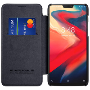This stylish, black genuine leather case for OnePlus 6 enhances the aesthetic of your already-gorgeous device. A wallet-type structure houses a card slot for a debit or credit card, while the sturdy inner frame holds your phone securely.
