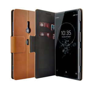 The Olixar leather-style Sony Xperia XZ3 Wallet Stand Case in tan provides enclosed protection and can also be used to hold your credit cards. The case also transforms into a viewing stand for added convenience.