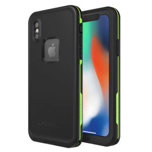 Make your phone waterproof and experience the freedom to surf, sing in the shower, ski, snowboard, work on construction sites and have true iPhone X freedom anywhere you go with the LifeProof Fre case in "night lite" (black and green).