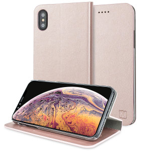 Protect your iPhone XS Max with this durable and stylish rose gold leather-style wallet case from Olixar, featuring two card slots. What's more, this case transforms into a handy stand to view media.