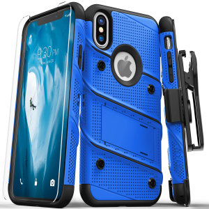 Equip your Apple iPhone XS Max with military grade protection and superb functionality with the ultra-rugged Bolt case in blue / black from Zizo. Coming complete with a handy belt clip and integrated kickstand.
