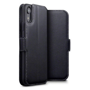 Lavish your iPhone XR with a luxurious flip wallet case. Featuring a black genuine leather exterior with beautiful stitching details, this Olixar wallet case will also store your credit and debit cards.