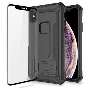 Statten Sie Ihren iPhone XS mit einem 360-Grad-Schutz aus mit diesem neuen schwarzen Olixar Manta Hülle und Glasschutz-Paket. Genießen Sie einen integrierten Kickstand, der für die Medienbesichtigung konzipiert ist, und ergänzen Sie gleichzeitig das futuristische und robuste Militärdesign der Hülle.