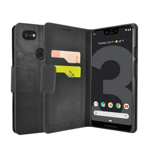 Protect your Google Pixel 3 XL with this durable and stylish black leather-style wallet case from Olixar, featuring two card slots. What's more, this case transforms into a handy stand to view media.
