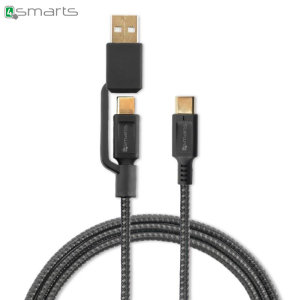 This braided 1 metre cable from 4smarts features a 2-in-1 USB-A and USB-C connector to offer a super-sturdy, durable and reliable way to fast charge and sync your USB-C compatible device.