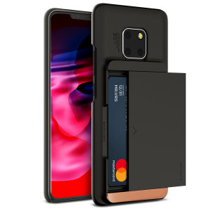 Protect your Huawei Mate 20 pro with this precisely designed case in black from VRS Design. Made with tough yet slim material, this hardshell construction with soft core features patented sliding technology to store two credit cards or ID.