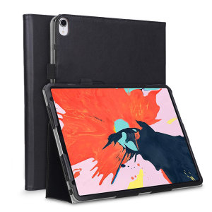 Protect your iPad Pro 12.9 2018 with this fantastic black leather-style stand case. The frame folds out to become a media viewing stand, perfect for streaming videos or gaming.