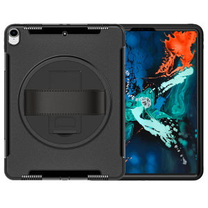 Das Olixar Rugged Case in Schwarz bietet vollständigen Schutz für Ihr iPad Pro 12.9 2018, einen eingebauten Standfuß und eine praktische Trageschlaufe für den Transport.