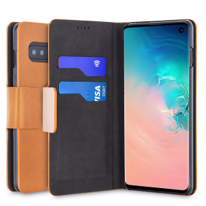Protect your Samsung Galaxy S10 with this durable and stylish brown leather-style wallet case by Olixar. What's more, this case transforms into a handy stand to view media.