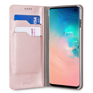 Protect your Samsung Galaxy S10 with this durable and stylish rose gold leather-style wallet case by Olixar. What's more, this case transforms into a handy stand to view media.