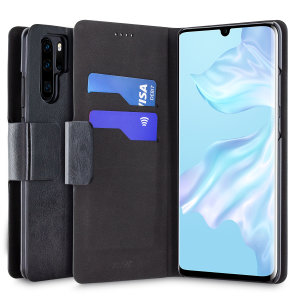 The Olixar leather-style Huawei P30 Pro Wallet Stand Case in black provides enclosed protection and can also be used to hold your credit cards. The case also transforms into a viewing stand for added convenience.