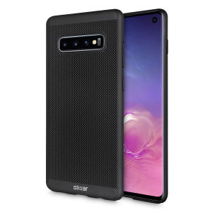 A supremely precision engineered lightweight slimline case in black with a perforated mesh pattern that looks great, adds grip and aids heat dissipation from your Galaxy S10, as well as enhance the high performance beauty of the device.