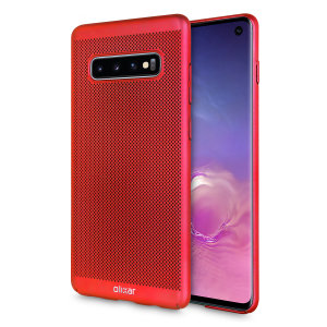 A supremely precision engineered lightweight slimline case in red with a perforated mesh pattern that looks great, adds grip and aids heat dissipation from your Galaxy S10, as well as enhance the high performance beauty of the device.