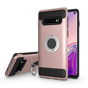 Made for the Samsung Galaxy S10, this tough rose gold ArmaRing case from Olixar provides extreme protection and a finger loop to keep your phone in your hand, whether from accidental drops or attempted theft. Also doubles as a stand
