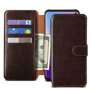 The VRS Design Dandy Wallet Case in dark brown for the Samsung Galaxy S10 comes complete with card slots, a large document pocket and is made with a luxurious leather-style material for a classic, prestige and professional look.