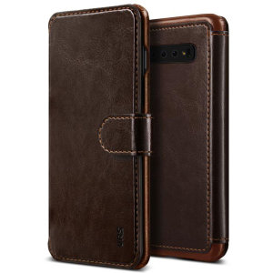 The VRS Design Dandy Wallet Case in dark brown for the Samsung Galaxy S10 Plus comes complete with card slots, a large document pocket and is made with a luxurious leather-style material for a classic, prestige and professional look.