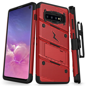 Equip your Samsung Galaxy S10 with military grade protection and superb functionality with the ultra-rugged Bolt case in red from Zizo. Coming complete with a handy belt clip and integrated kickstand.