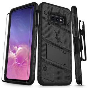 Equip your Samsung Galaxy S10e with military grade protection and superb functionality with the ultra-rugged Bolt case in black from Zizo. Coming complete with a handy belt clip and integrated kickstand.