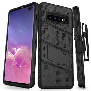 Equip your Samsung Galaxy S10 Plus with military grade protection and superb functionality with the ultra-rugged Bolt case in black from Zizo. Coming complete with a handy belt clip and integrated kickstand.
